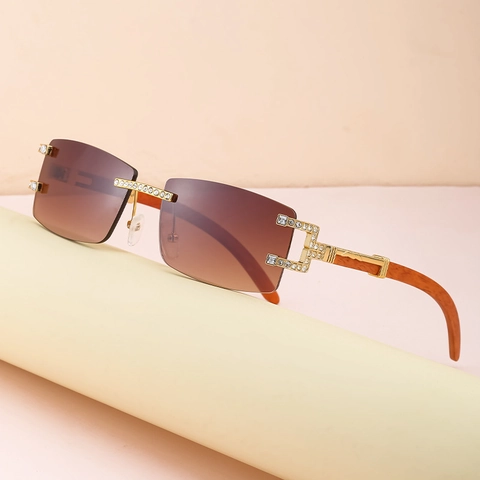 Gafas De Sol Cuadradas Sin Montura De Lujo Retro Con Patillas De Grano De Madera Y Diamantes De Imitación Protección UV400
