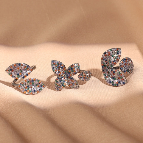 Adjustable Open Rings For Women Copper Multi Color Zircon Petal Flower Butterfly Leaf Shape Micro Pave Inset Trendy