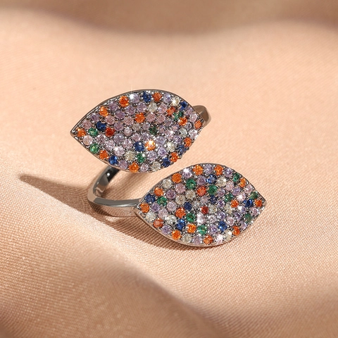 Adjustable Open Rings For Women Copper Multi Color Zircon Petal Flower Butterfly Leaf Shape Micro Pave Inset Trendy