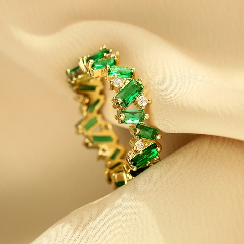 Anello Eternity Vintage Per Donna Ottone Placcato Oro Con Zircone Verde Rettangolare E Zircone Bianco Tondo Gioielli