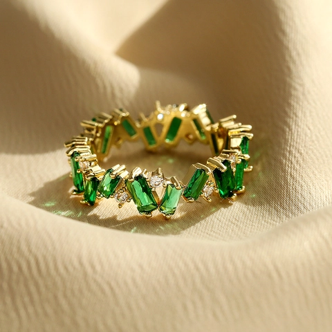 Anello Eternity Vintage Per Donna Ottone Placcato Oro Con Zircone Verde Rettangolare E Zircone Bianco Tondo Gioielli