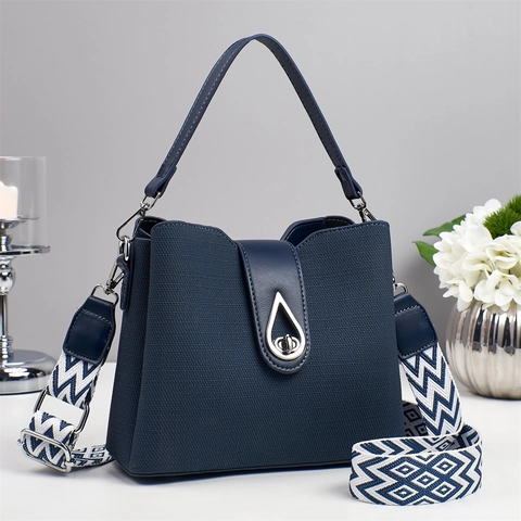 Women Bucket Bag PU Leather Fabric Patterned Wide Strap Silver Teardrop Lock Retro Crossbody Handheld Shoulder Handbag