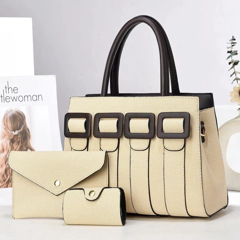 Woven Texture PU Leather Tote Handbag Clutch And Card Holder For Women Large Capacity Retro Square Buckle Shoulder Bag