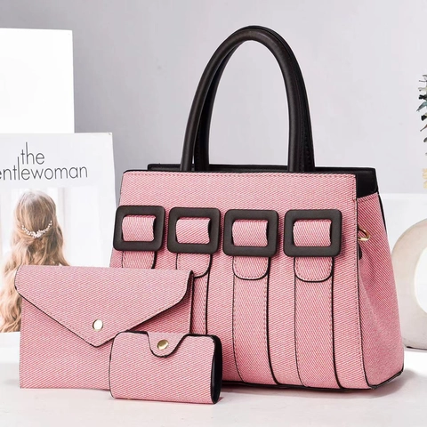 Woven Texture PU Leather Tote Handbag Clutch And Card Holder For Women Large Capacity Retro Square Buckle Shoulder Bag