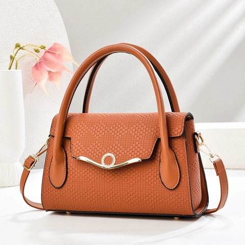 Elegant Women Woven Texture PU Leather Handbag With Rhinestone Lock Top Handle Crossbody Bag For Daily Use
