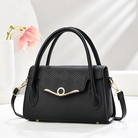 Elegant Women Woven Texture PU Leather Handbag With Rhinestone Lock Top Handle Crossbody Bag For Daily Use