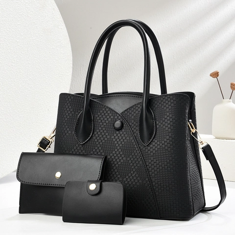 Women PU Leather Woven Embossed Tote And Envelope Pouch And Card Holder Elegant Solid Color Top Handle Crossbody Handbag