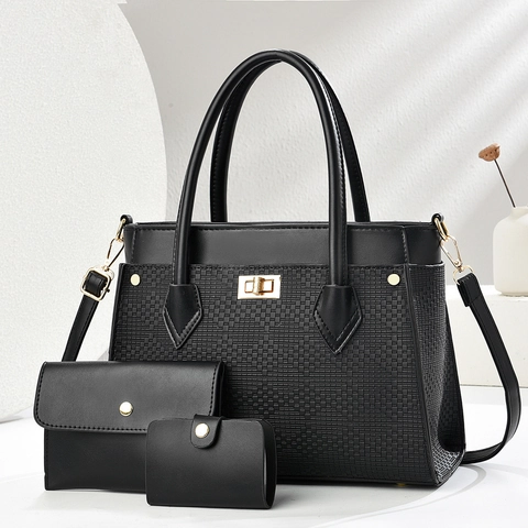 Sac À Main Femme En Similicuir PU Cabas Et Pochette Et Porte-Cartes Tissé Gaufré Patchwork Élégant Décontracté Serrure