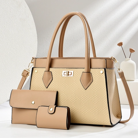 Damen PU Leder Handtasche Shopper Und Clutch Und Kartenhalter Gewebt Geprägt Patchwork Elegant Lässig Goldene Hardware