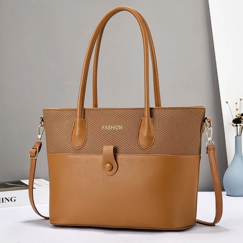 Borsa Tote Grande Donna Pelle PU Tessuto Patchwork Borsa A Spalla Cerniera Tracolla Regolabile Casual Pendolare Stile Urbano