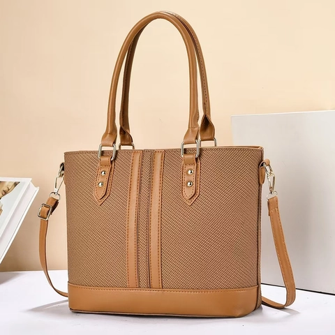 Ruime Dames Tote Bag Geweven Textuur PU Leer Minimalistische Commuter Handtas Met Afneembare Schouderriem