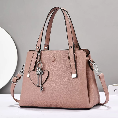 Borsa A Mano Da Donna In Pelle PU Con Trama Litchi Borsa A Tracolla Per Ufficio Con Pendente A Cuore E Chiave Giornaliera