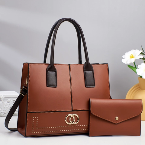 Women's Minimalist PU Leather Tote Bag And Envelope Clutch Large Capacity Shoulder Handbag With Metal Double Ring Buckle Rivet