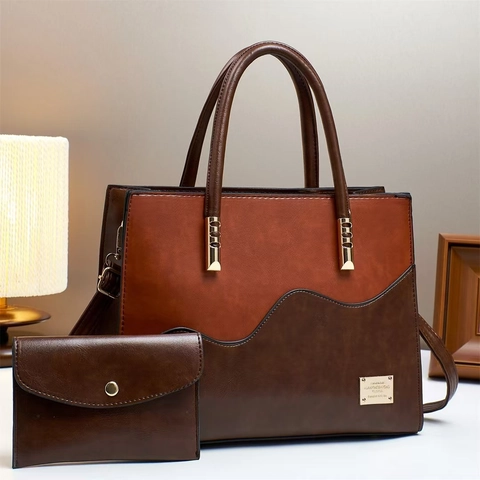 Borsa A Mano Tote Da Donna In Pelle PU Con Patchwork Di Colori A Contrasto E Portafoglio Coordinato Grande Capacità Versatile