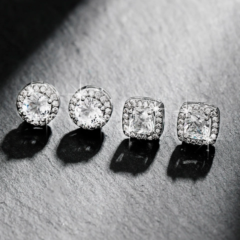 Zircon Stud Earrings With 925 Sterling Silver Earring Post Halo Geometric Round Square U Shape Brass Jewelry For Women