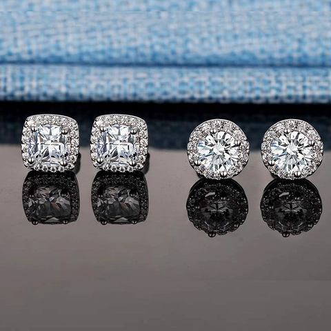Zircon Stud Earrings With 925 Sterling Silver Earring Post Halo Geometric Round Square U Shape Brass Jewelry For Women