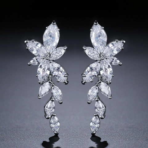 Lange Quasten-Ohrhänger Für Damen AAA Zirkonia Blumen Blatt Form Elegant Luxus Braut Hochzeit Schmuck