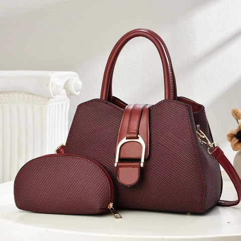 Women Elegant PU Leather Handbag And Round Pouch Twill Texture Gold Hardware Detachable Strap Daily Commute Shoulder Bag