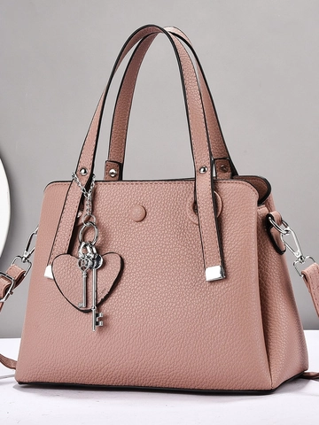 Borsa A Mano Strutturata Da Donna Texture Lychee Pelle PU Con Ciondolo A Cuore E Chiave Doppio Manico Tracolla Versatile