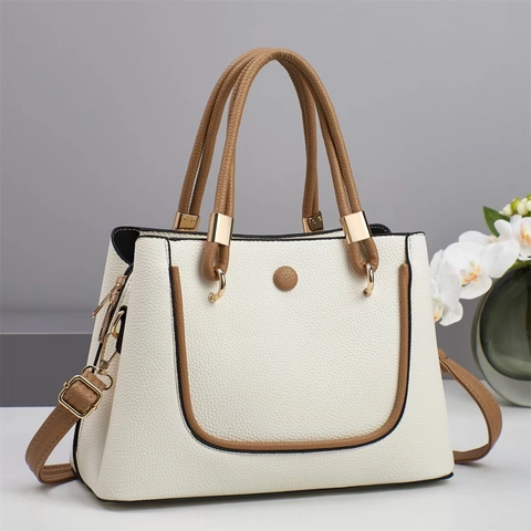 Contrast Color Women Handbag PU Leather Litchi Grain Crossbody Bag Minimalist Fashion Shoulder Purse Gold Hardware