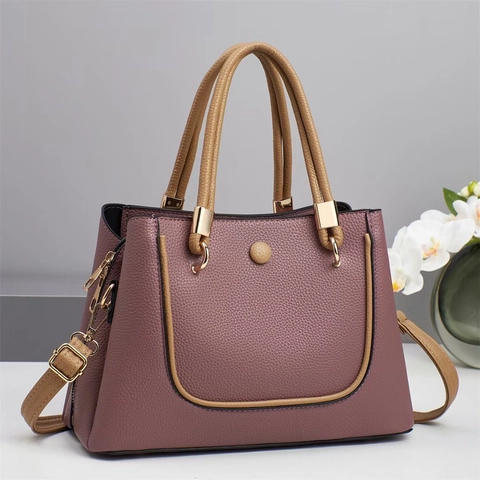 Contrast Color Women Handbag PU Leather Litchi Grain Crossbody Bag Minimalist Fashion Shoulder Purse Gold Hardware