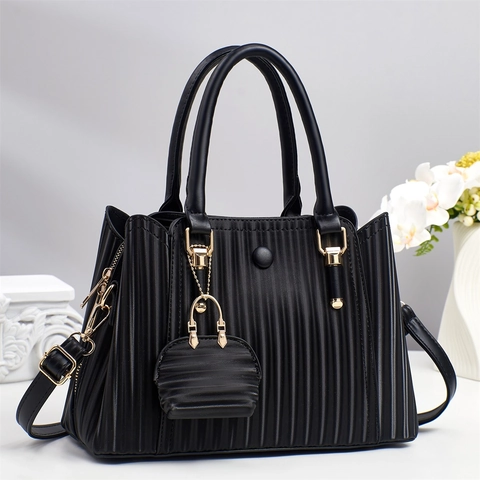 Sac Fourre-Tout Pour Femmes En Cuir PU Rayure Plissée Verticale Sac À Main Avec Mini Pochette Et Bandoulière