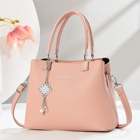 Bolso De Mano Para Mujer Cuero PU Patrón Lichi Asa Superior Bolso De Hombro Con Colgante De Perla Artificial Gran Capacidad Elegante
