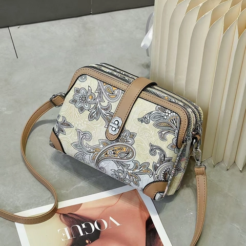 Paisley Print PU Leather Crossbody Bag Vintage Small Square Shoulder Pouch Multi Layer Zipper Wallet For Women