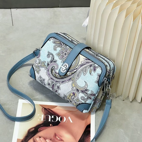Women Paisley Print Crossbody Bag Multi Zipper Multi Layer PU Leather Retro Shoulder Purse Small Square Ethnic Style