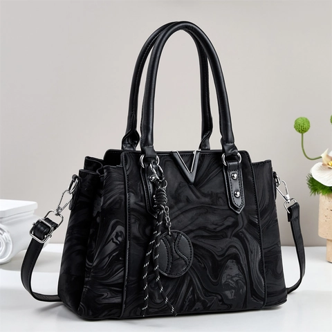Women Handbag PU Leather Marble Pattern Crossbody Shoulder Bag Spacious Capacity Commuter Fashion Elegant V Metal Decor
