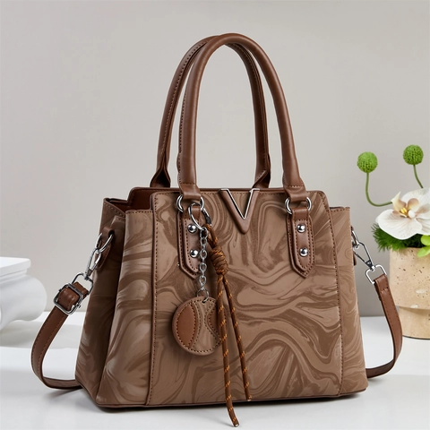 Borsa a Mano da Donna alla Moda in Pelle PU con Motivo Marmo Decorazione in Metallo a V con Nappa Borsa a Tracolla