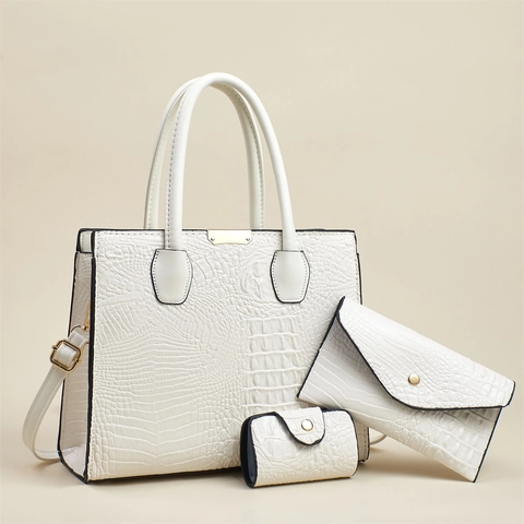 Women Crocodile Pattern PU Leather Tote Clutch And Pouch Retro Large Capacity Shoulder Bag Solid Color Simple