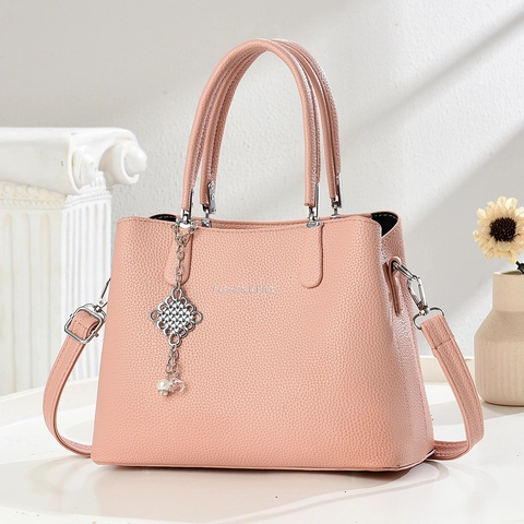 Women Handbag PU Leather Litchi Pattern Shoulder Bag Solid Color Elegant Spacious Capacity With Artificial Pearl Pendant And Adjustable Strap Fashion Commute