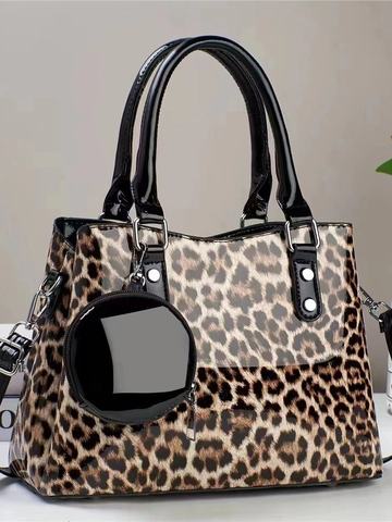 Borsa A Mano Leopardata In Pelle PU Lucida Tote Con Portamonete Rotondo Borsa A Tracolla Retro Per Donna