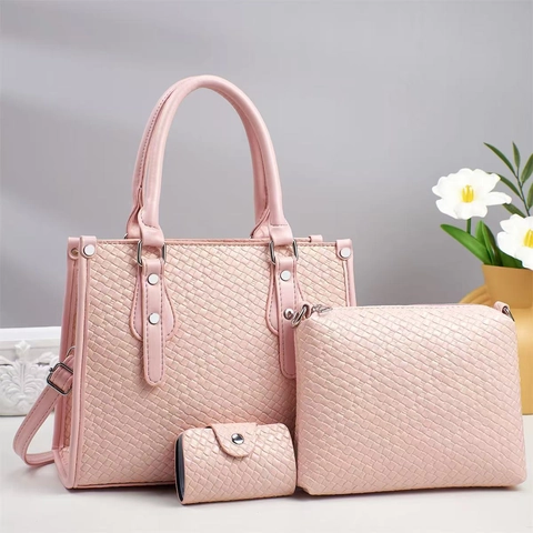 Women PU Leather Woven Texture Handbag Shoulder Bag And Card Holder Solid Color Commuter Fashion Elegant