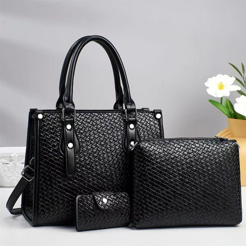 Woven Texture PU Leather Tote Bag Crossbody Bag And Card Holder Elegant Retro Fashionable Women Daily Office Travel