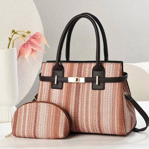 Striped Woven PU Leather Handbag And Pouch Contrast Pattern Chic Large Capacity Crossbody Bag For Women