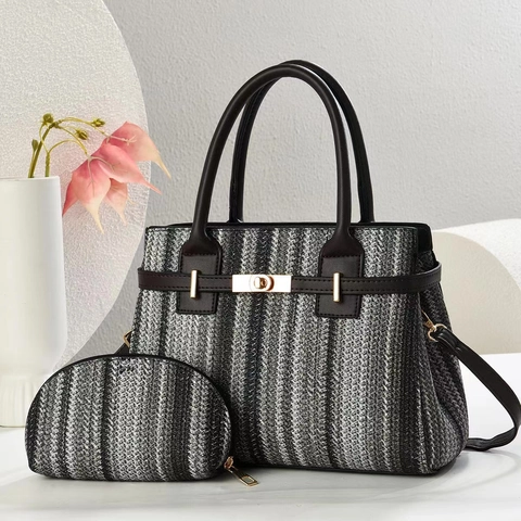 Striped Woven PU Leather Handbag And Pouch Contrast Pattern Chic Large Capacity Crossbody Bag For Women