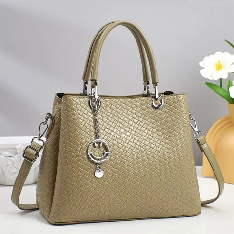 Women Woven Texture PU Leather Handbag Tote Smiley Face Charm Detachable Shoulder Strap Casual Crossbody Bag