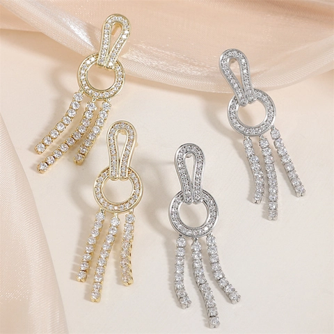 Vintage Long Tassel Drop Earrings Brass AAA Zirconia Geometric Dangle Elegant Wedding Jewelry For Women