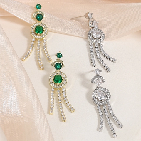 Vintage Long Tassel Drop Earrings Brass AAA Zirconia Geometric Dangle Elegant Wedding Jewelry For Women