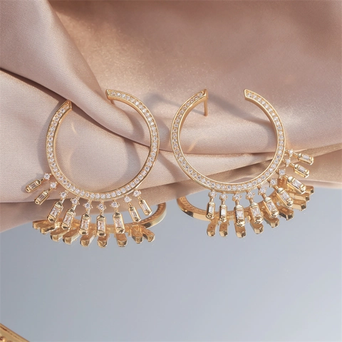 Messing Zirkonia Creolen Vergoldet Baguette Strahlende Sonnenblume Elegante Braut Hochzeit Party Schmuck Für Frauen