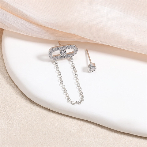 Asymmetrische Ear Cuff Knop Oorbellen Messing Zirkoon Ovaal Schuifsteen Ketting Franje Mode Sieraden Voor Vrouwen