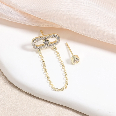 Asymmetrische Ear Cuff Knop Oorbellen Messing Zirkoon Ovaal Schuifsteen Ketting Franje Mode Sieraden Voor Vrouwen