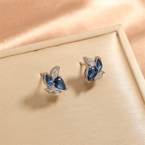 Leaf Stud Earrings For Women With Blue And White Marquise Cubic Zirconia Brass Elegant Minimalist Jewelry
