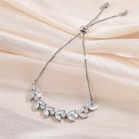 Zircon Wheat Leaf Adjustable Bracelet Brass Elegant Sparkly Cubic Zirconia Sliding Bolo Clasp Jewelry For Women