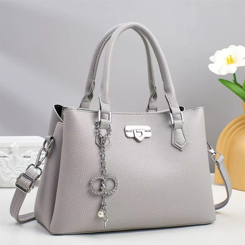 Women Litchi Grain PU Leather Handbag Minimalist Padlock Tote Bag With Rhinestone Pearl Charm Shoulder Crossbody Bag