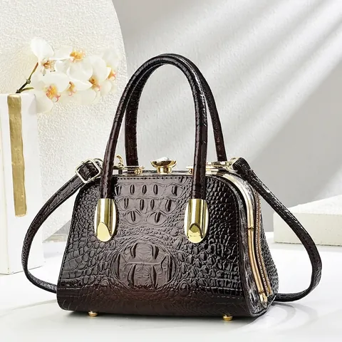 Crocodile Pattern PU Leather Top Handle Handbag With Rhinestone Lock Vintage Doctor Style Evening Crossbody Bag For Women