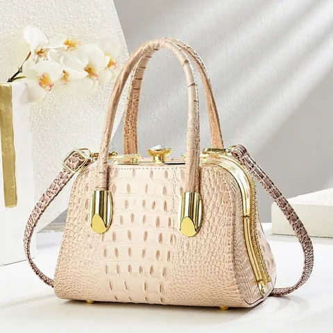 Crocodile Pattern PU Leather Top Handle Handbag With Rhinestone Lock Vintage Doctor Style Evening Crossbody Bag For Women