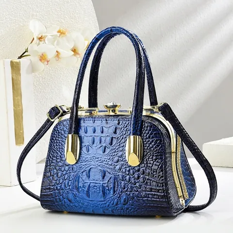 Crocodile Pattern PU Leather Top Handle Handbag With Rhinestone Lock Vintage Doctor Style Evening Crossbody Bag For Women